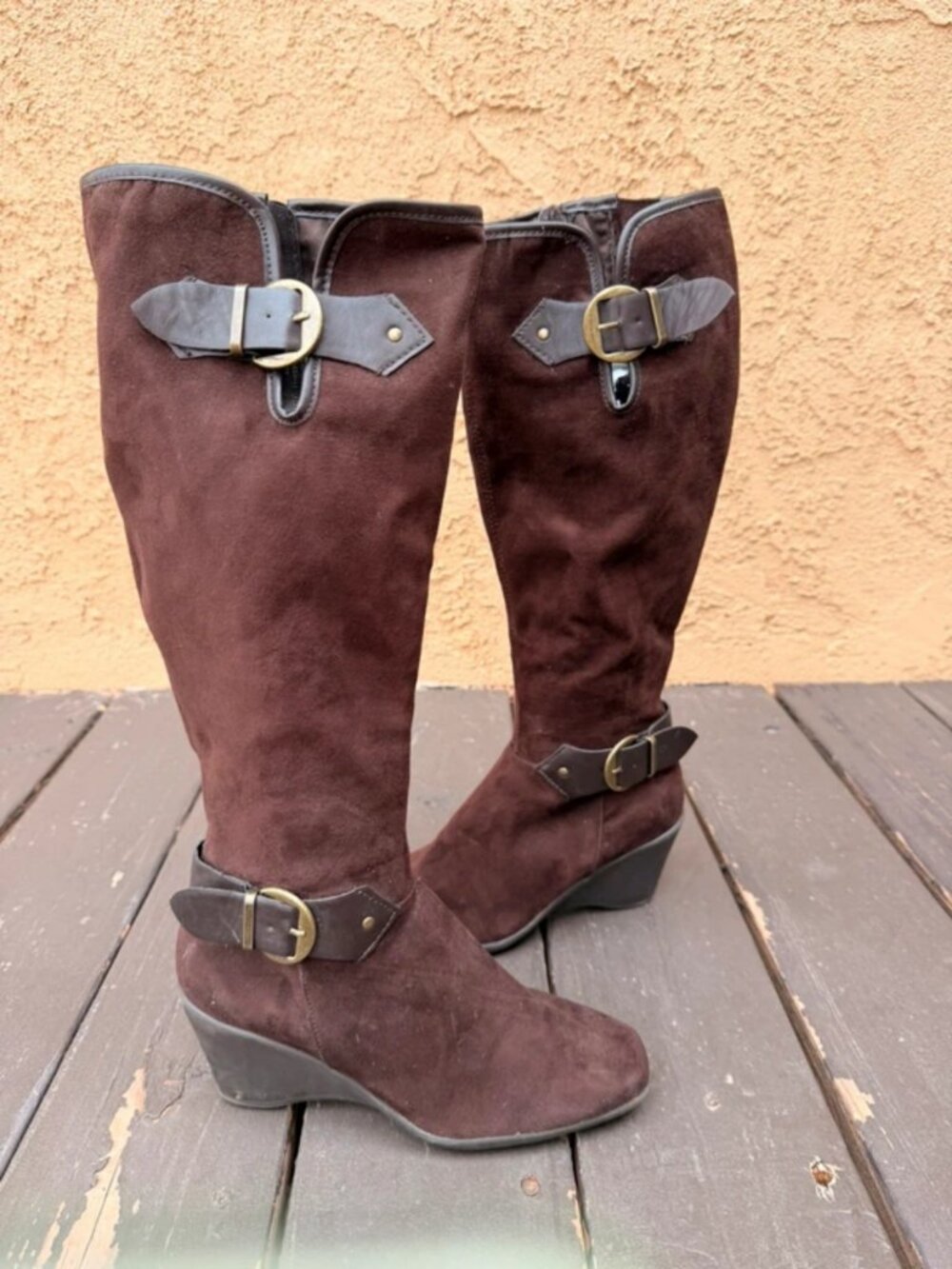 Brown suede knee high boots